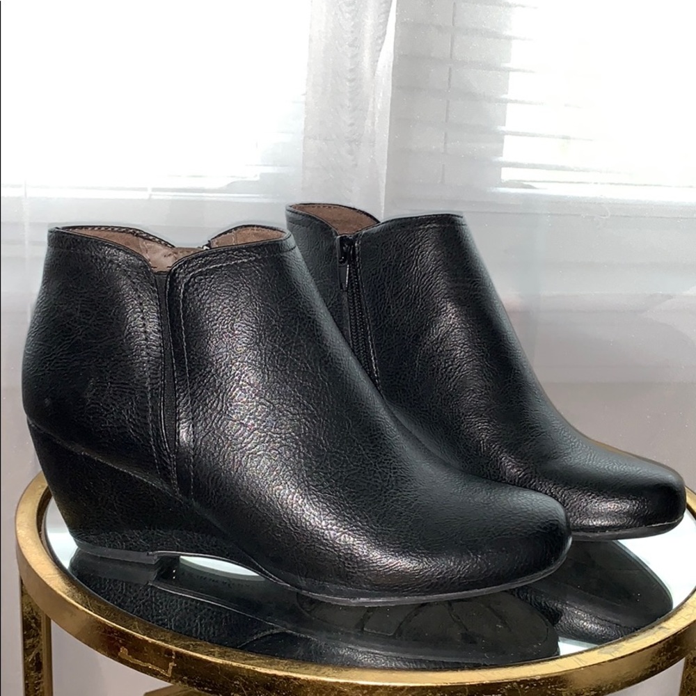 Black Leather Wedge Booties